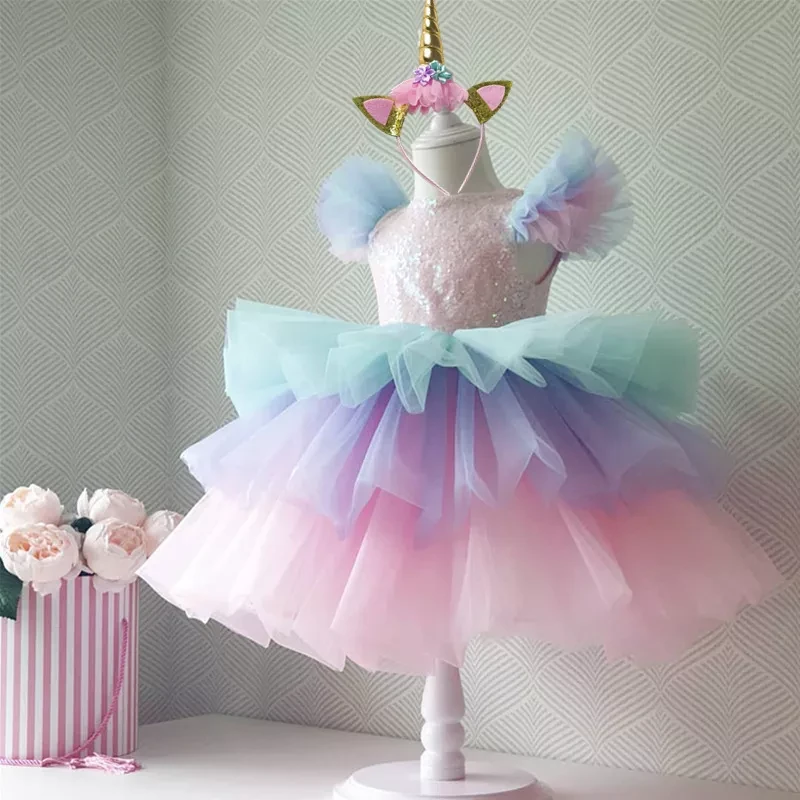 baby boy dress Girls Rainbow Unicorn Princess Dress Cake Layers Tutu Prom Gown For Kids Children Wedding Evening Formal Party Pageant Vestidos fancy baby dresses