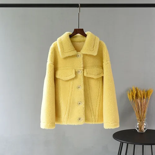 Yellow Новинка, пальто из натурального меха, женская зимняя куртка, стрижка овец, шерсть, меховые пальто и куртки, корейское манто для женщин, L9019 KJ3485 - Цвет: Yellow