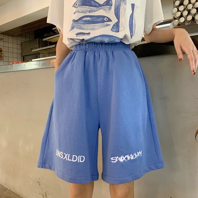 Женские шорты в Корейском стиле, в стиле панк, Harajuku, Ulzzang, с высокой талией, свободные, широкие, женские шорты, милые, Япония, Kawaii, на пуговицах для женщин - Цвет: Синий