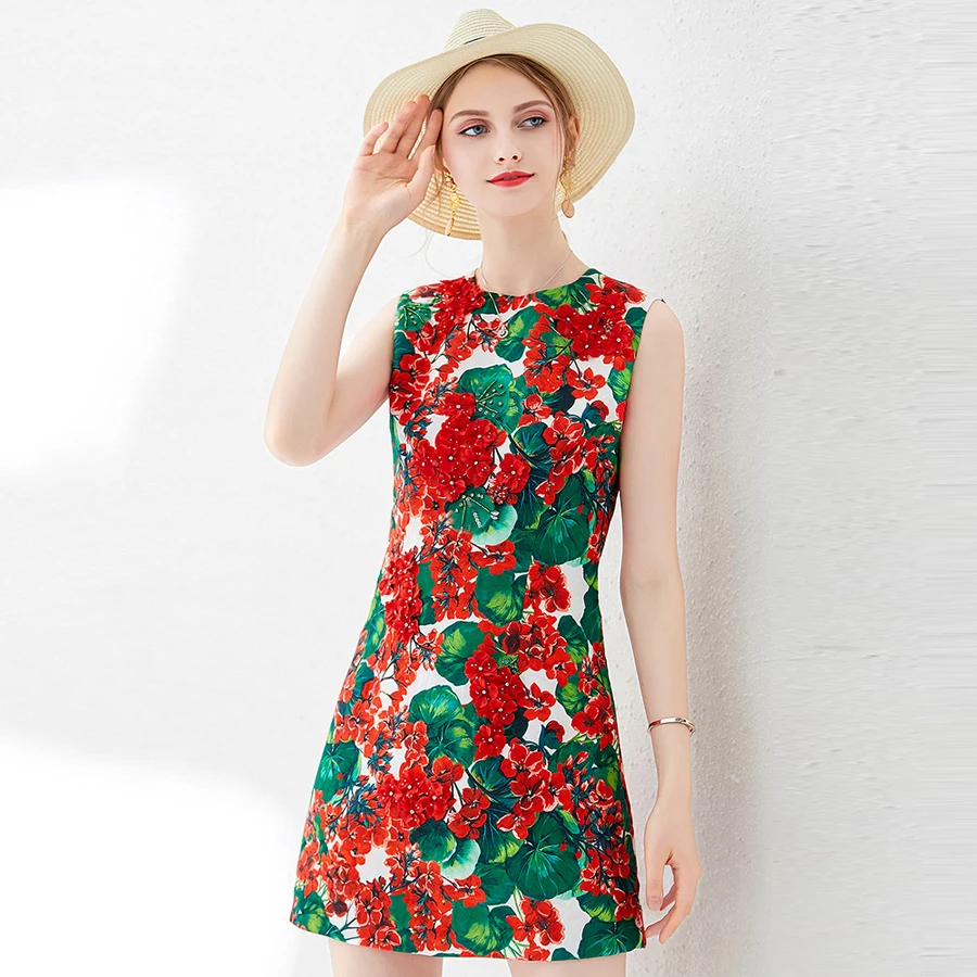 

VERDEJULIAY Runway Red Dress 2020 Summer Spring Fashion New Flower Beading 3D Appliques Sleeveless Designer Mini Dress Vestidos