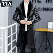 Мотоциклетные мужские длинные пальто из искусственной кожи с воротником из искусственного меха зимние корейские однобортные тонкие мужские тренчи больших размеров