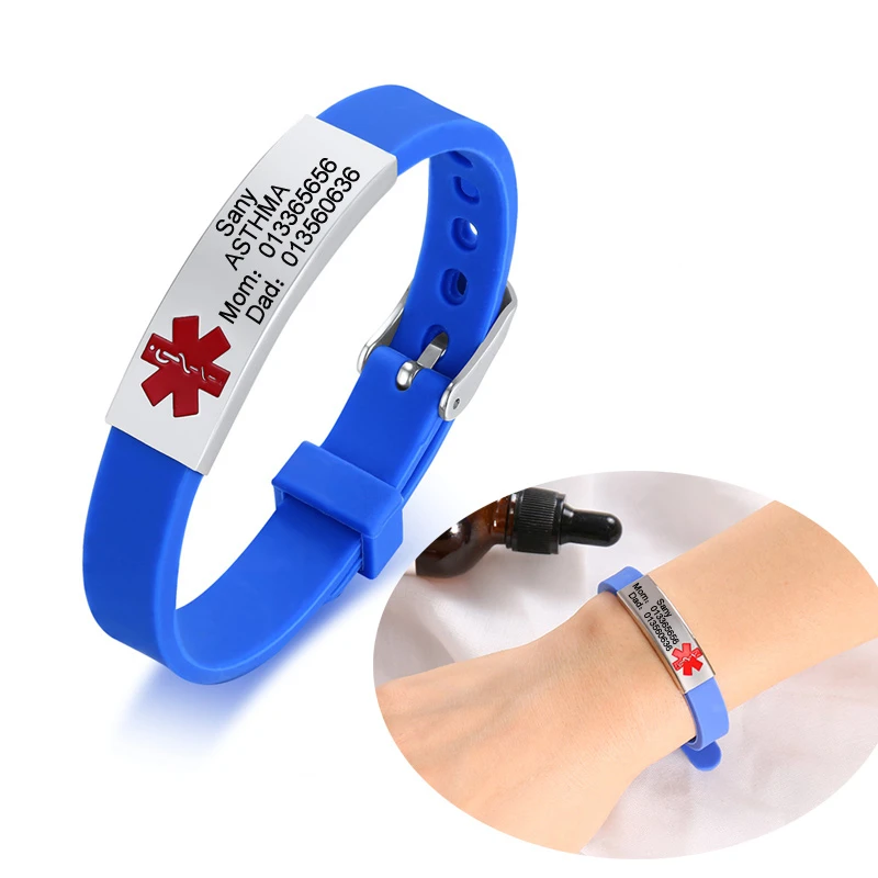 Free Custom Medical Alert ID Bracelets Engraving Disease Name ICE Info Adjustable Silicone Bangle For Women Man Sport Jewelry | Украшения и