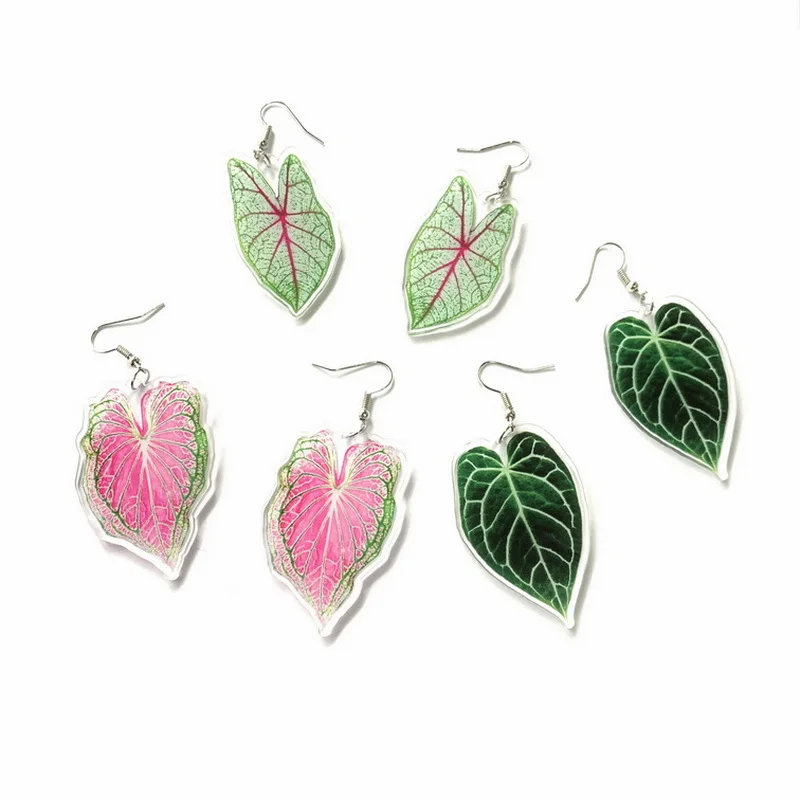 Pendientes acrílicos con estampado UV para mujer, aretes colgantes con diseño de hojas de caladio botánico, color verde y rosa, joyería a la moda