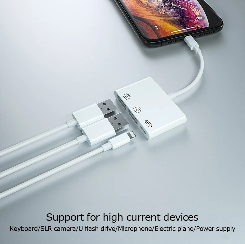 Reilim New OTG Double USB Adapter for iPhone 8 X iOS 14 USB camera U flash drive converter for lightning USB cable headphones