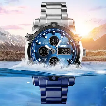 

2019 Fashion Hot Dual Display Electronic Watch Multi-function Steel Strap Large Dial Three Time Men's Waterproof Digital Watches