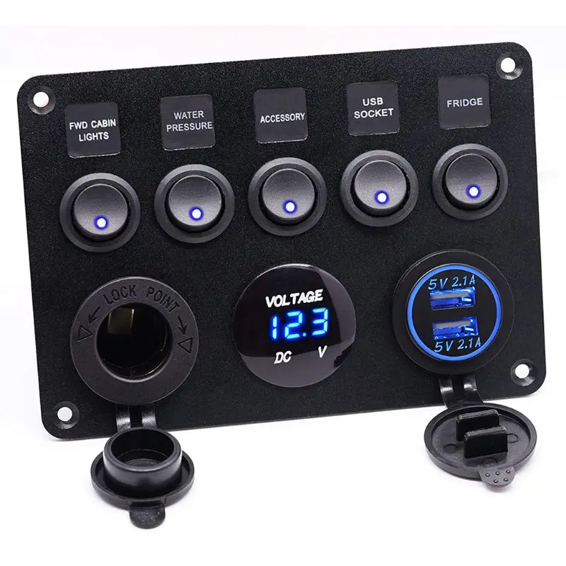 

12-24V Cat-eye Switch Combination Panel with Fuse Box Protection Voltmeter Power Socket Dual USB Car Charger