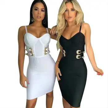 

New Arrival Metallic Buckle Spaghetti Strap Sexy bandage Mini Bandage Dress F2053