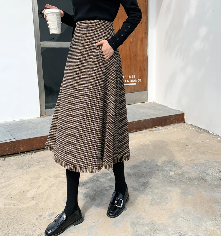 Colorfaith осень зима женские клетчатые миди юбки с кисточками консервативный стиль шерстяные с высокой талией винтажные юбки с карманами SK135