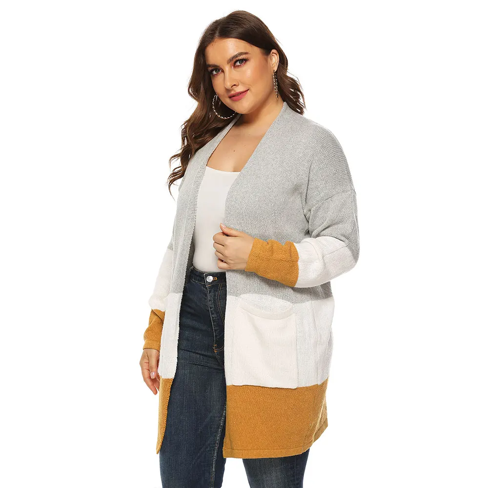

2019 Contrast Color Striped Sweater Spring Autumn Cardigan Pockets Women Long Sleeve Plus Size Knitted Cardigans Casaco Feminino