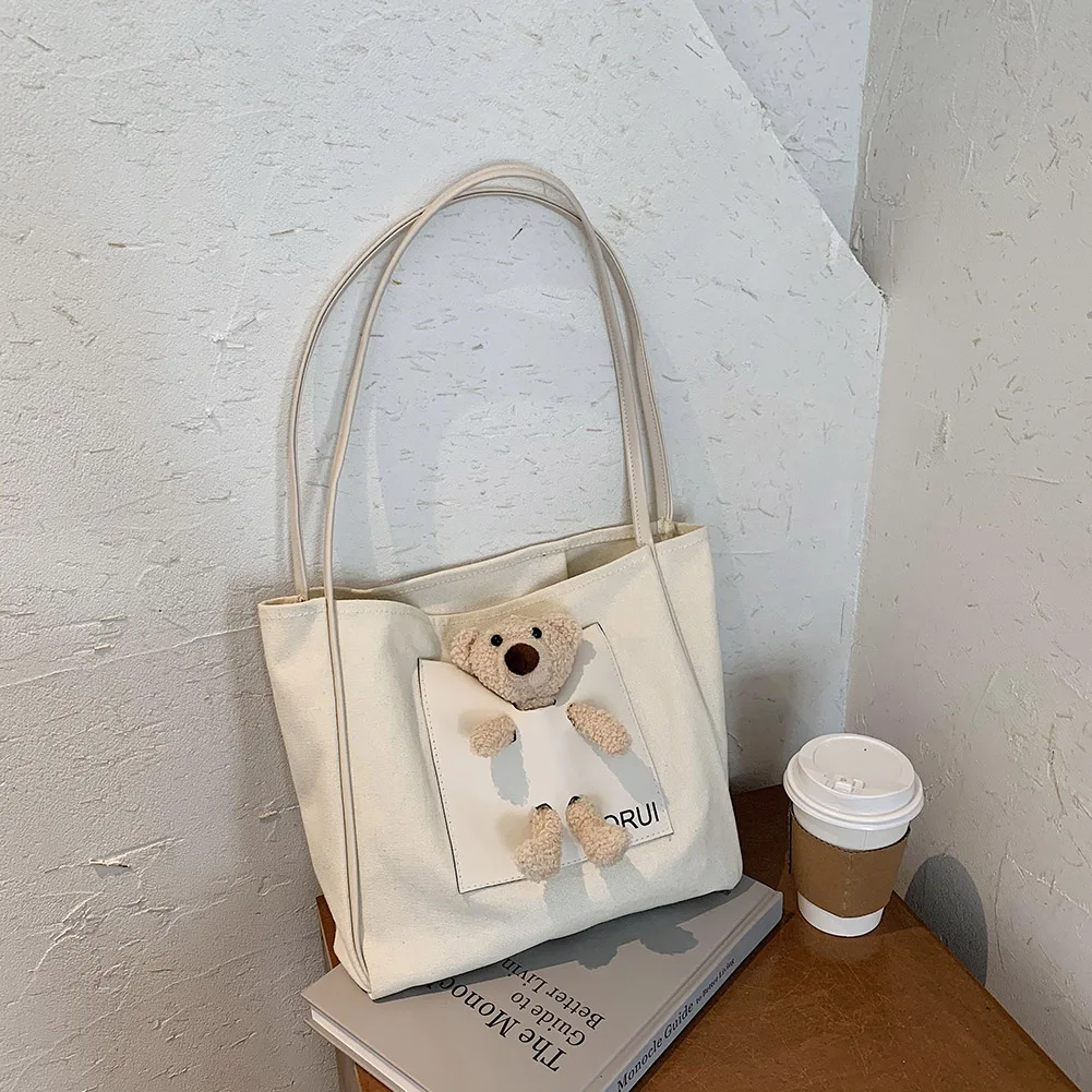 Sac à main en toile pour femmes, fourre-tout à la mode, décor de poupée d'ours, sac à bandoulière mignon, sac à poignée supérieure pour dames filles, Shopping quotidien