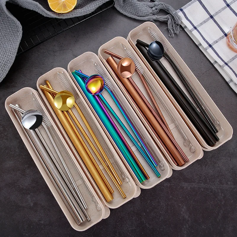 

304 Stainless Steel Straw Set Pearl Milk Tea Straight Beverage Elbow Cleaning Brush Box Colorful Suit