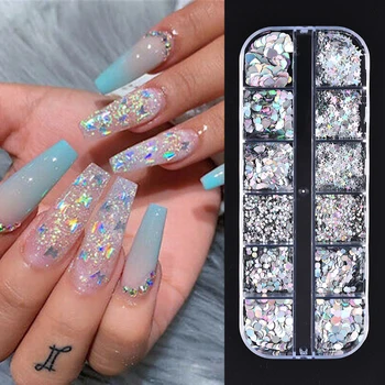 

12 Colors/box Mixed Color Chameleon Nail Rhinestone Small BeadsGlitter Nails Art Decoration Stars and Butterflies Sequins Marble