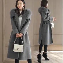 Зимнее женское длинное облегающее шерстяное пальто на молнии Женская куртка с карманами с меховым воротником синее кашемировое пальто и куртка AD139