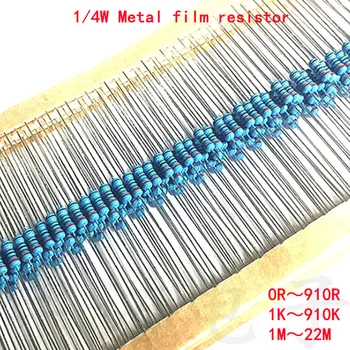 100pcs 1/4W 0R-22M 1% Metal Film Resistor 0.25W 0 2.2 10 100 120 150 220 270 330 470 1K 2.2K 4.7K 10K 100K 470K 1M 10M 20M Ohms 1