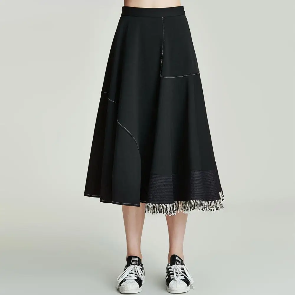 Havva 2020 En Najaar Nieuwe Mode Vrouwen Onregelmatige Patchwork Kwastje Hoge Taille Midi A-lijn Rok Q40560