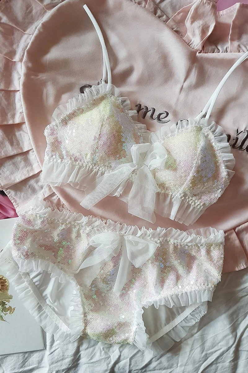 Dreamy/комплект из бюстгальтера и трусиков с блестками для девочек-подростков; романтическое платье принцессы русалки с сердечками; комплект нижнего белья из пряжи с рюшами для молодых девушек в консервативном стиле