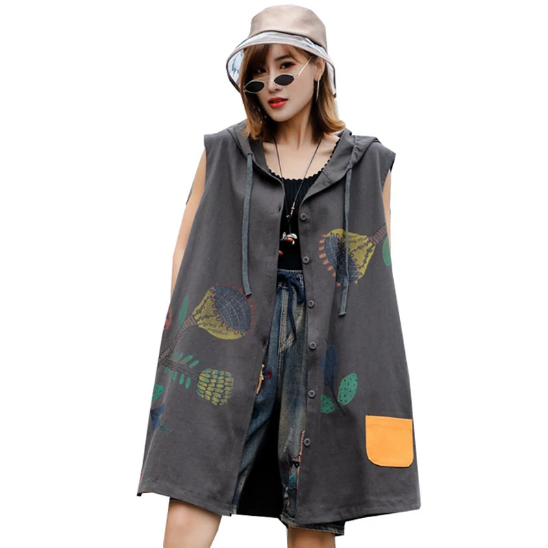 

QING MO Black Grey Yellow Women Hooded Vest 2020 Women Printed Sleeveless Coat Female Drawstring Vest ZQY2848