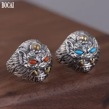 

Real S925 pure silver auspicious beast ring for man Inlaid with turquoise exaggerated adjustable Thai silver male ring good luck