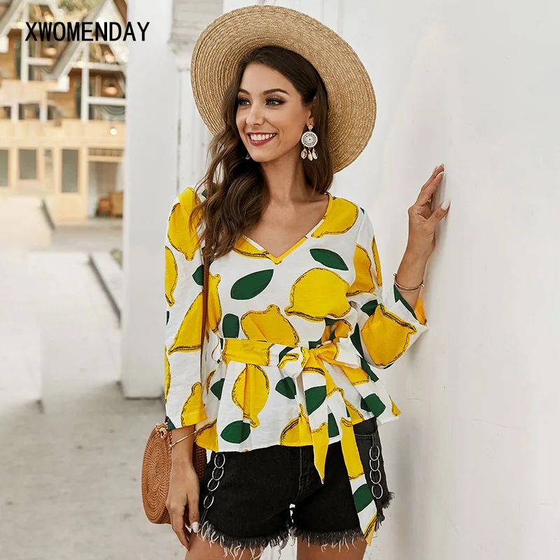 

Casual Lemon Print Lace Up T Shirt Women Spring Long Sleeve 2020 New Wild Basic Tops Female Fashion Chic Elegant Vintage Tops