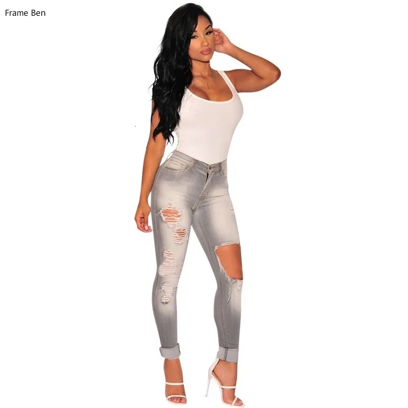 Женские обтягивающие джинсы с дырками на коленях, модные летние и осенние Стрейчевые узкие брюки с высокой талией серого цвета