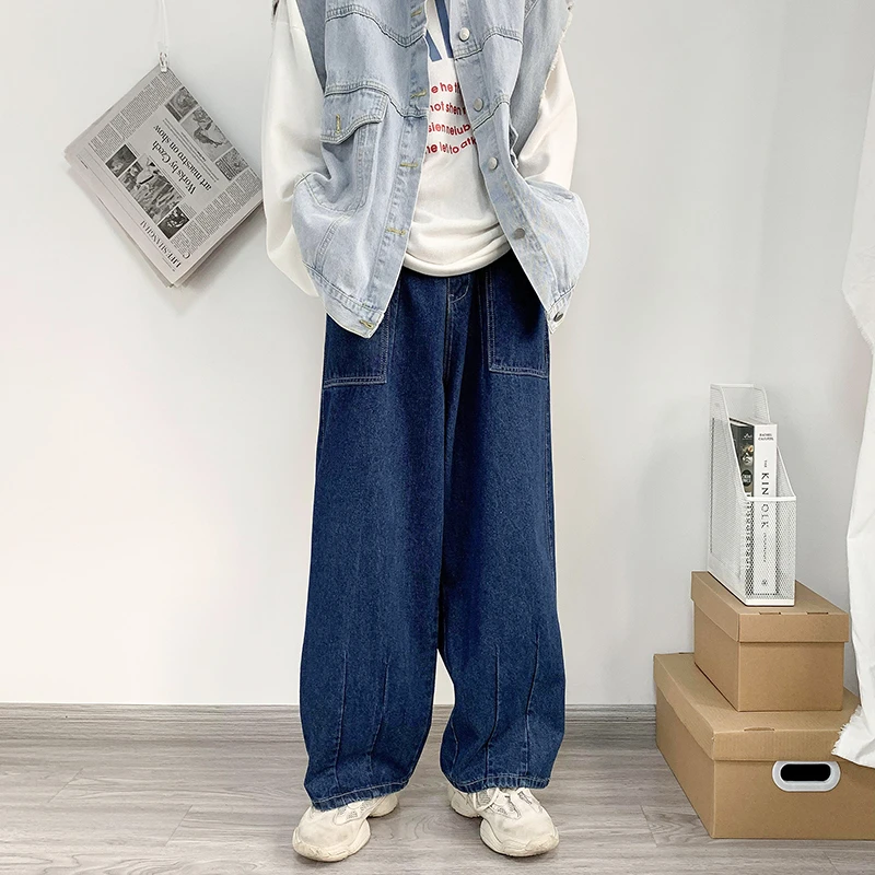 Men Jeans Wide Leg Baggy Retro Japanese Simple Leisure Stylish Soft All-match Pocket Large Size S-3XL Solid