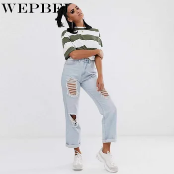 

WEPBEL Sexy Ripped Jeans for Women Casual Damage Hole Jeans Woman Mid High Straight Distressed Denim Pants