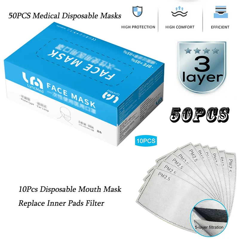 

50PCS Medical Disposable Masks 3-Layers Protective Sterilized BFE 98% Filtration With CE FDA Certified & Disposable Pads Filter