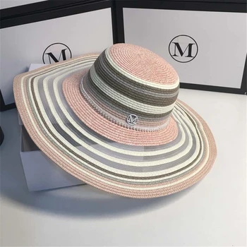 

Summer Large Brim Straw Hat Floppy Wide Brim Sun Cap Romantic Pink striped Beach Foldable Hats New Hats for Women on vacation