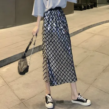 

Fish scale sequins skirts women's long sequined skirt femme bling bling black siver skirt shiny