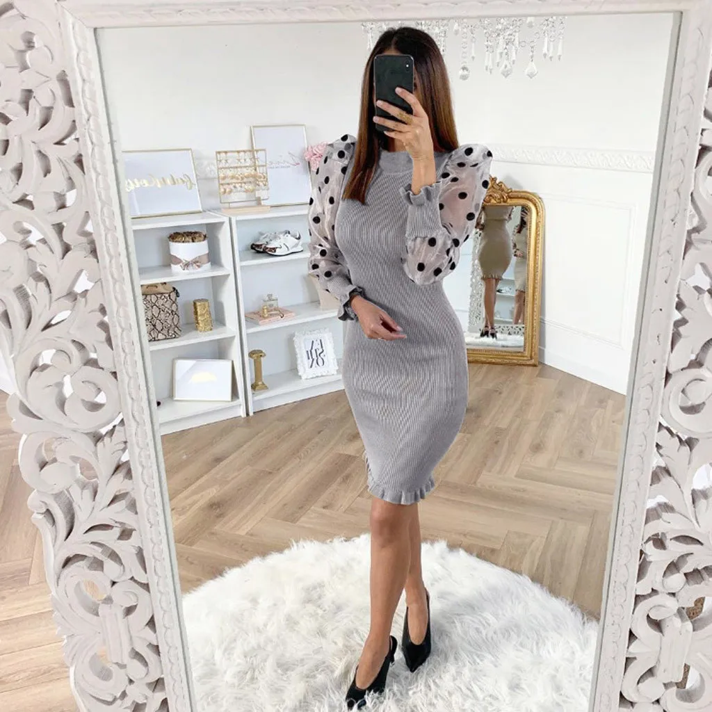 Модное Женское Платье с круглым вырезом, в горошек, с пышными рукавами, с оборками, на каждый день, Daliy, элегантное, подходит к платью, вечерние платья, Женское Платье Vestidos