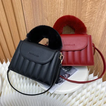 

Plush Handle Texture Design PU Leather Ladies Handbag 2021 Trend Winter Women Shoulder Bag Ladies Messenger Bag Ladies Flap