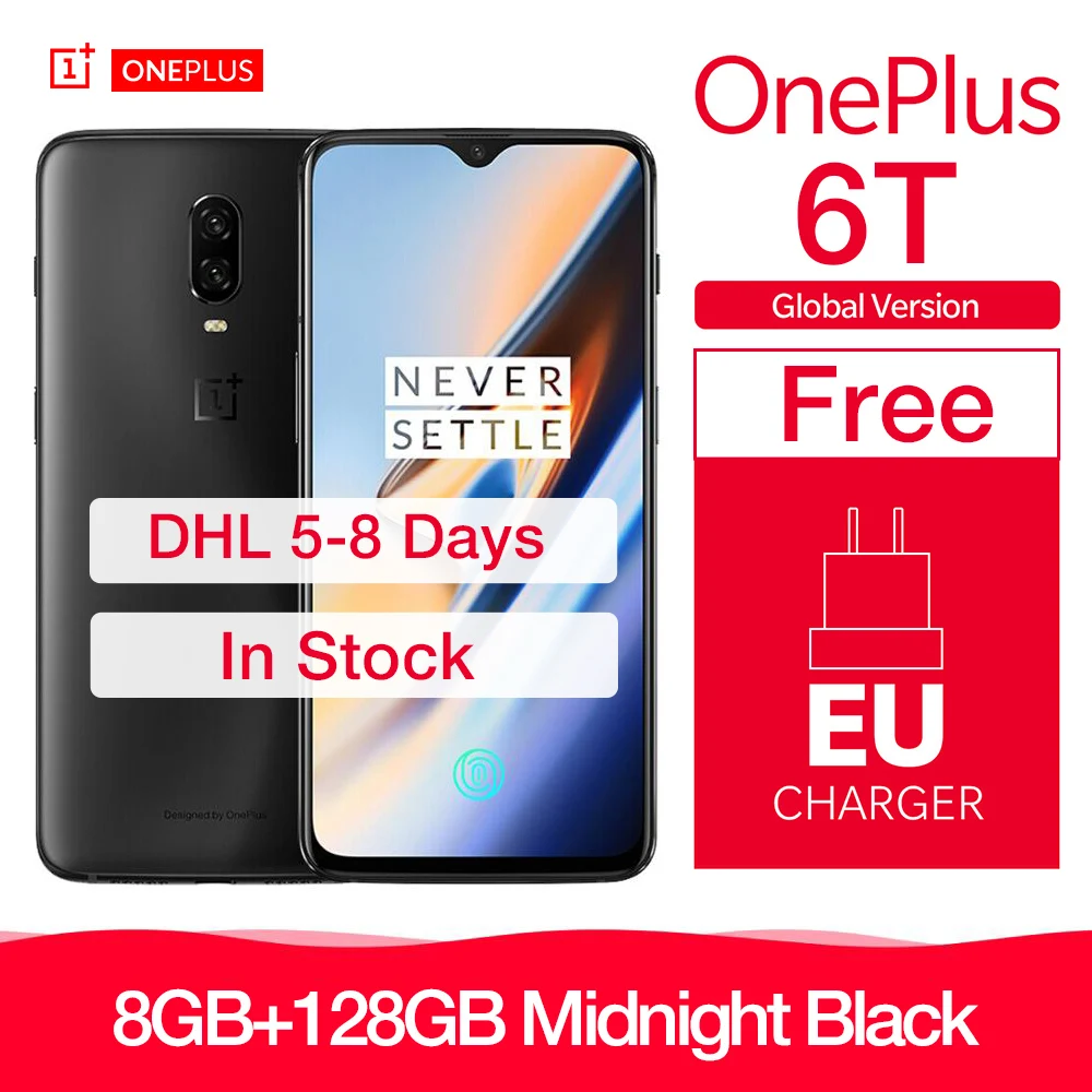 OnePlus 6 T, 6 T, глобальная Версия 8 ГБ 128 Встроенная память разблокировать смартфон 16 + 20 Мп двойной Камера 6,41 дюймов Дисплей Snapdragon 845 Octa Core