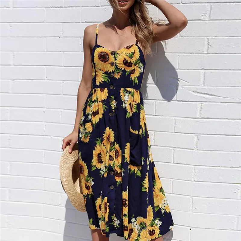 Women Sexy Printing Buttons Off Shoulder Sleeveless Dress Princess Dress Womens Sunflower Printed Fashion Strap Dresses 2020