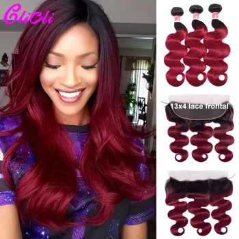 

1B Burg Hair Body Wave Bundles With Frontal Brazilian Remy Human Hair Weave Bundles With 13x4 Lace Closure Bleach Knots Clicli