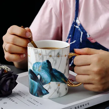 

400ml Luxy Bone China Mug Ceramic Cups Nordic Marble Pattern Creative Couple Coffee Cup Wedding Companion Gift 1PC