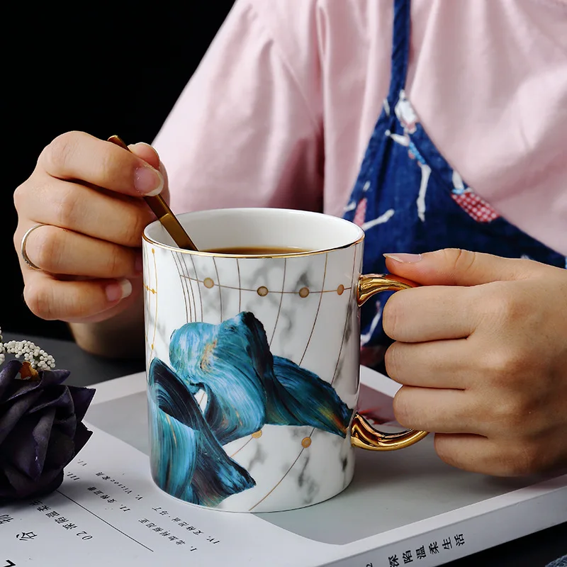 Best Seller  400ml Luxy Bone China Mug Ceramic Cups Nordic Marble Pattern Creative Couple Coffee Cup Wedding Com