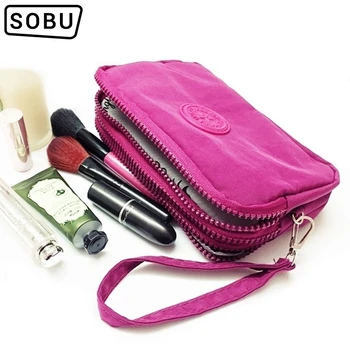

New Coin Purse Women Small Wallet Washer Wrinkle Fabric Phone Purse Three Zippers Portable Make Up bag P010
