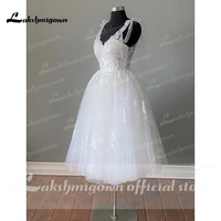 Short Wedding Dresses Summer 2021 Tea Length Robe De Mariée V-Neck Lace appliques Bride Dress Vestido De Novia 2