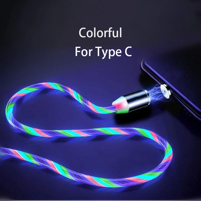Colorful For Type C Цветной светодиодный светильник, магнитный кабель для телефона, быстрая зарядка, кабель Micro usb type C, зарядное устройство для iPhone XS 7, Xiaomi, samsung, кабель USB C - Цвет: Colorful For Type C