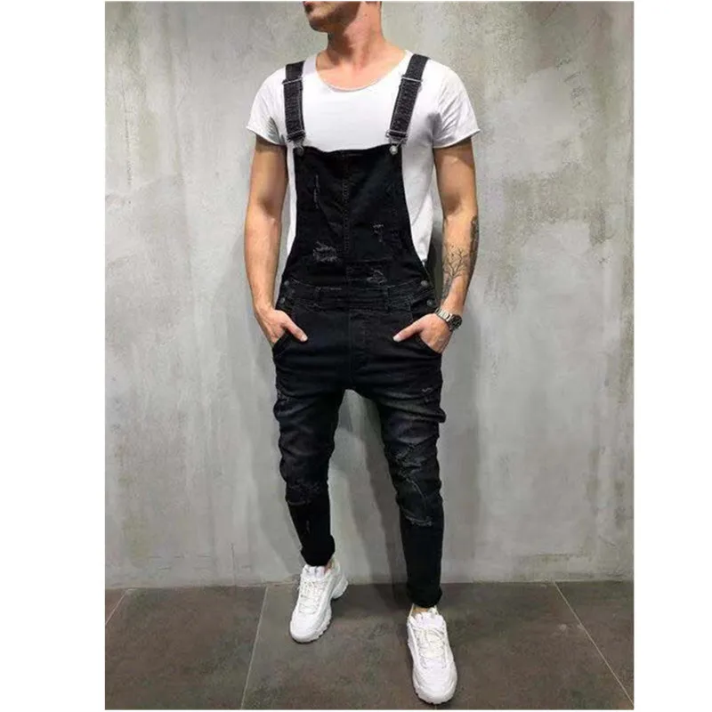 black Высокие уличные карманы джинсы комбинезон для мужчин мода Slim Fit джинсовые комбинезоны Modish ремень повседневные подтяжки состаренные джинсы - Цвет: black