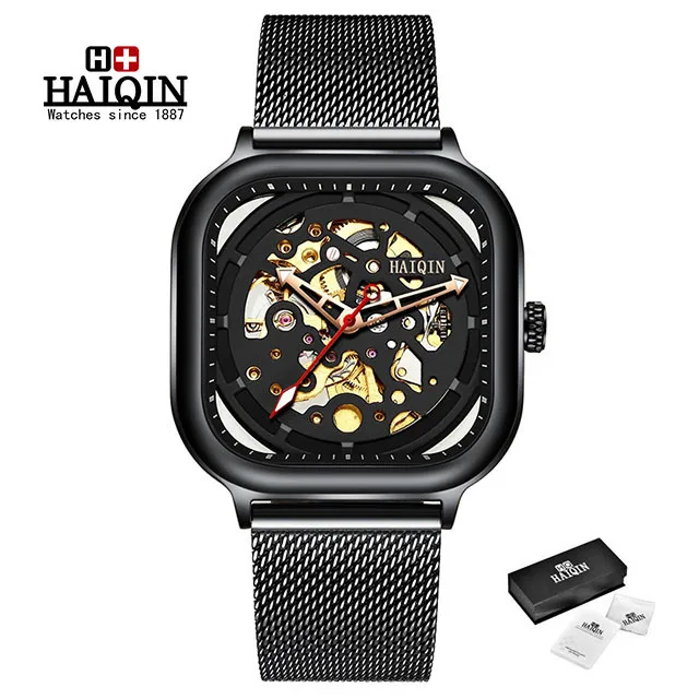 black 2019New HAIQIN синий сетчатый ремень модные мужские механические часы лучший бренд класса люкс водонепроницаемые автоматические наручные часы Relogio Masculino - Цвет: black