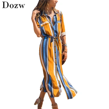 

2020 Turn Down Collar Office Ladies Stripe Shirt Dress Long Chiffon Beach Dress Casual Long Sleeve Elegant Party Dress Vestidos