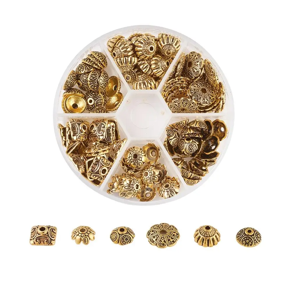 

120pcs 6 Styles Tibetan Alloy Bead Caps Beads Cover End Cap Assorted Metal Spacers for Jewelry Making Findings Antique Golden