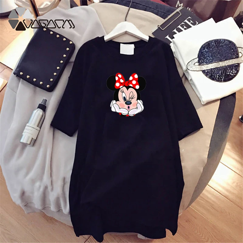

2019 Summer Women Dresses Minnie Mickey Cartoon Print Casual Loose White Black Mini Women Clothing Big Size Dress Femme