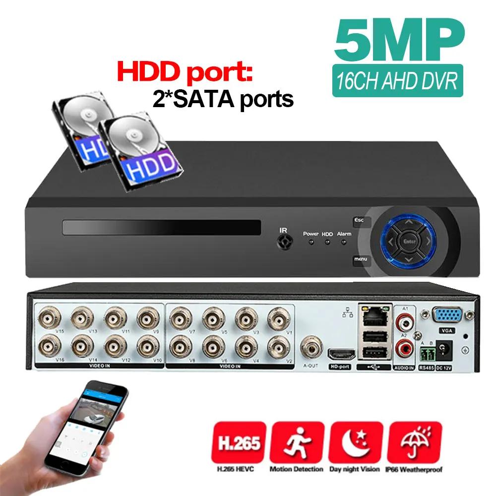 16Ch AHD DVR HD 5MP CCTV Security Camera System Hybrid NVR CVI TVI Digital Video Surveillance Recorder 2 HDD | Безопасность и
