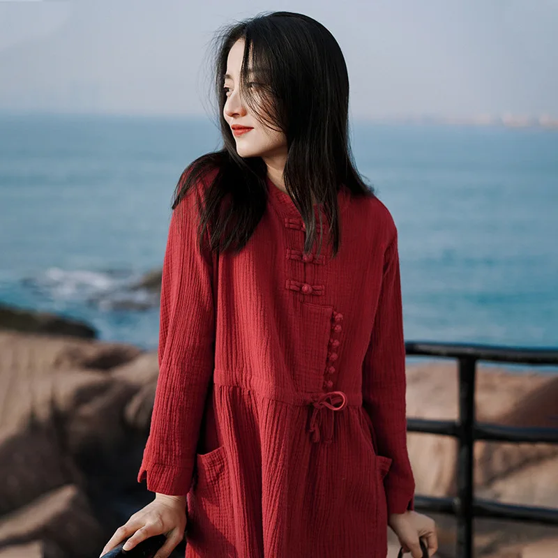 

Qi mei WOMEN'S Dress 2020 Spring Dress Women's Loose-Fit Waist Hugging Chinese-style Vintage Red Color Spring Skirt Women's