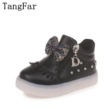 

Fashion Rhinestone Light Children's Shoes Cartoon Bow LED Luminous Soft Bottom Girls Boots Zipper Kids Pearl Sneakers