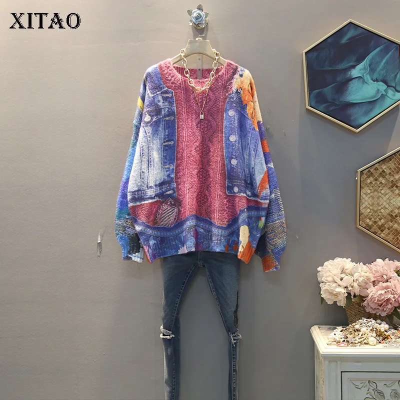

XITAO Knitted Women Fashion Sweater Full Sleeve Elegant Small Fresh 2020 Spring Patchwork O Neck Loose Casual Sweater XJ3342