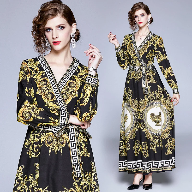 

37262019 WOMEN'S Dress Palace Retro Blue And White Porcelain Printed V-neck Wrap-around Lace-up Waist Hugging Dress