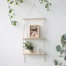 Dubbele Laag Macrame Opknoping Planken Drijvende Plank Voor Planten Boho Home Decor Houten Muur Planken Voor Slaapkamer, Woonkamer
